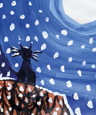 Ein gemaltes Bild: Eine Katze sitz auf einem Dach. Es schneit.